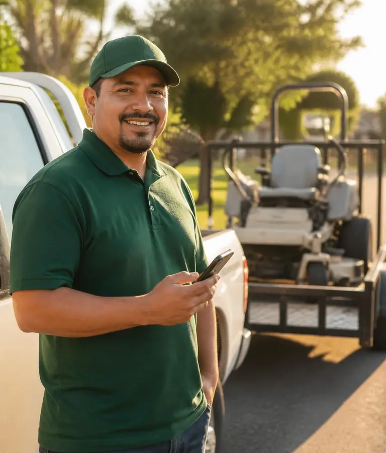Landscaping business owner checking his phone next to his work truck